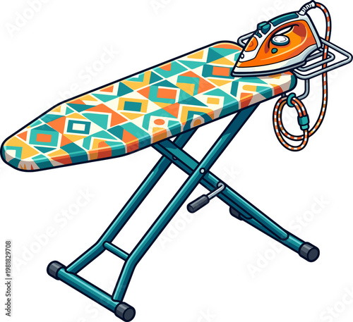 Folding ironing board with modern iron and geometric cover
