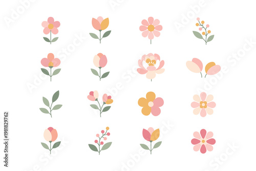 Hand-drawn pastel flower set in modern Japanese-inspired style. Minimal, soft botanical flat vector illustration on white background perfect for branding, packaging, textiles, feminine designs