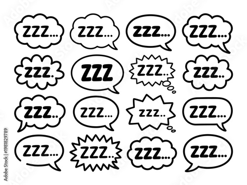 Black and white comic speech bubbles with zzz text on white background for sleep and snoring concepts