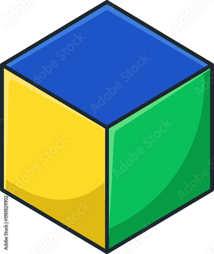 Geometric three-dimensional cube displaying blue yellow and green faces