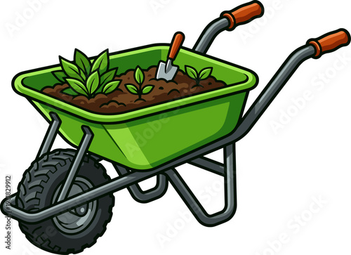Green garden cart containing dark soil and young green plant saplings