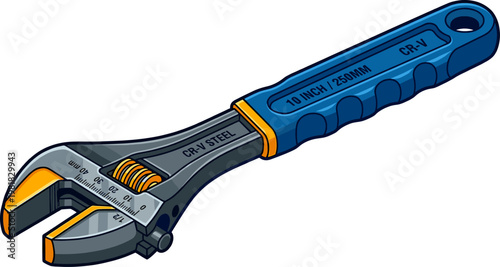 Heavy duty adjustable wrench with measurement scale and blue handle