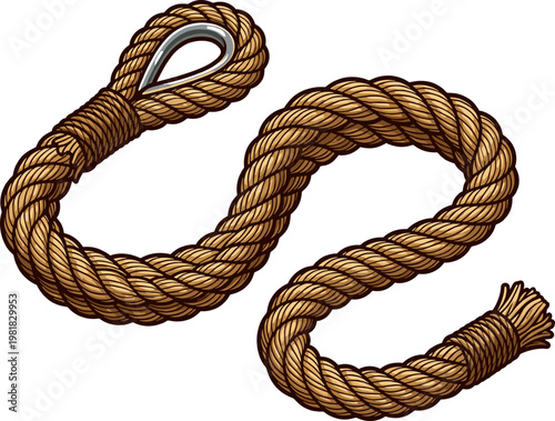 Heavy duty coiled hemp rope with metal thimble eye for marine use