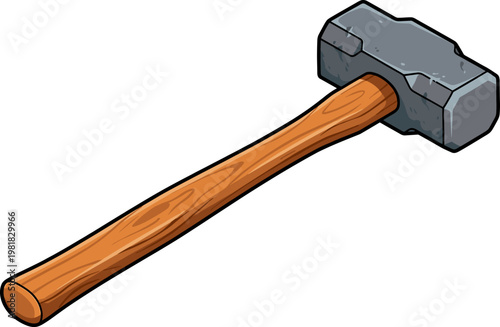 Heavy duty sledgehammer with long wooden handle and iron head