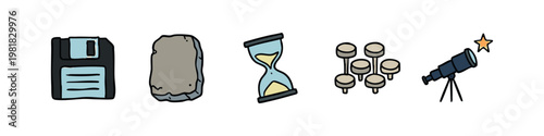 Data, Time, and Observation Icons - Hand-Drawn Floppy Disk, Stone Tablet, Hourglass, Tokens, Telescope