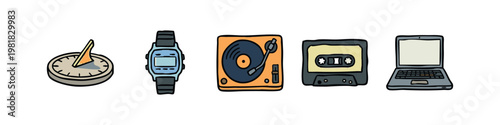 Technology Evolution Icons Set - Hand-Drawn Sundial, Digital Watch, Turntable, Cassette, and Laptop