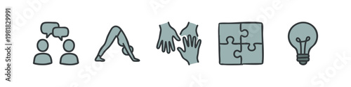 Colored Concept Doodles - Communication, Yoga, Teamwork, Puzzle, and Idea Lightbulb