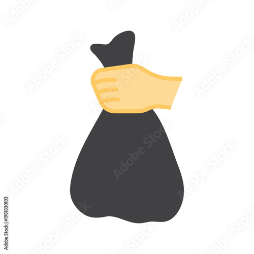 Hand holding dark garbage bag icon representing waste disposal trash collection and cleaning service concept illustration