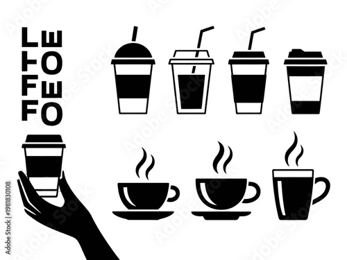 Black silhouettes of various coffee and tea cups with straws on white background for beverage concepts