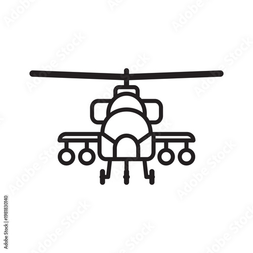 Black military helicopter icon front view with rotor blades representing aviation defense transport and tactical operation concept