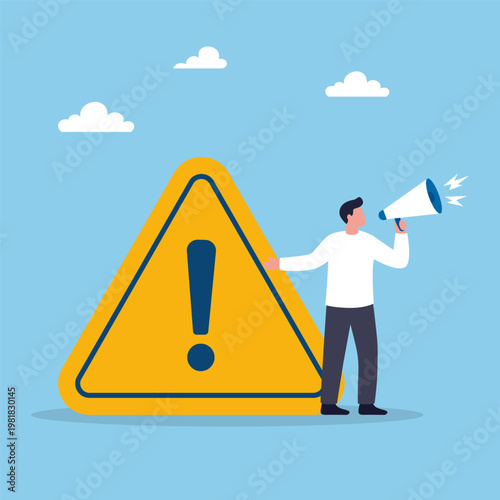 Person with megaphone standing next to large yellow warning triangle sign with exclamation mark representing alert announcement and public safety message