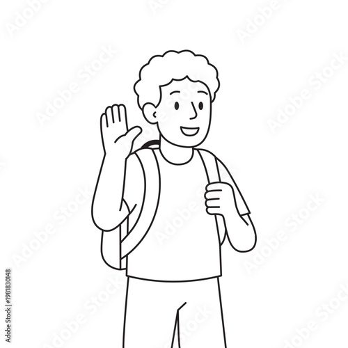 Line art drawing of happy pupil carrying schoolbag showing hello gesture for back to school and learning theme