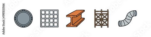Hand Drawn Construction Materials and Infrastructure Vector Icon Set