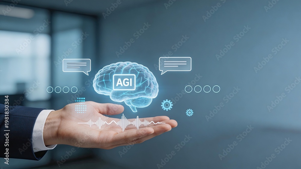 Fototapeta premium Businessman holding holographic AGI brain with digital interface icons representing artificial general intelligence machine learning neural networks and future technology