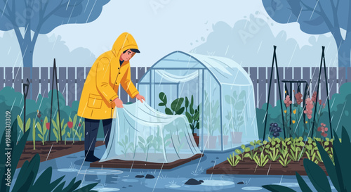 Gardener in Yellow Raincoat Tending to Plants Under Cover.