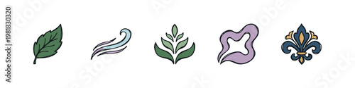 Organic nature and symbolic icons set featuring leaf, wind gust, floral motif and fleur-de-lis