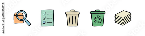 Office management icons set featuring box search, checklist, trash bin, recycling and document stack