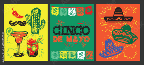 Colorful Cinco de Mayo Poster Set with Festive Mexican Party Elements