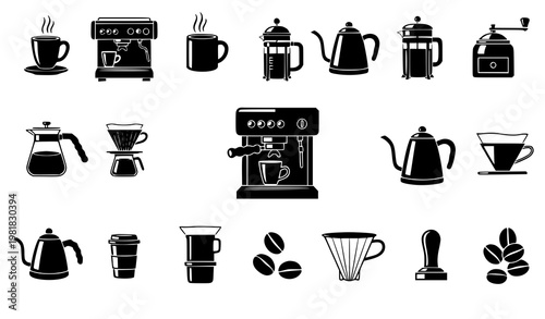 Coffee tools silhouette collection brewing equipment cafe vector isolated on white
