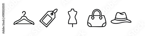 Clean line art fashion icons set with hanger price tag mannequin and accessory