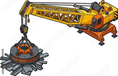 Industrial magnetic crane lifting metal scrap at construction site