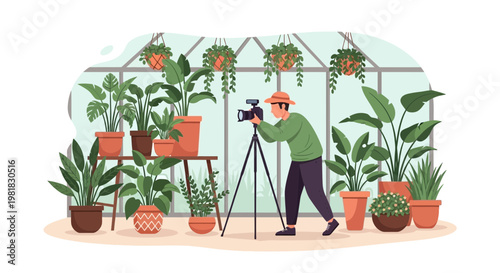 Man filming plants in a greenhouse with a camera.