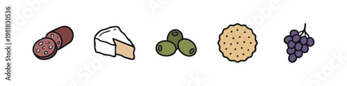 Set of hand drawn charcuterie board food icons with salami cheese olives and grapes
