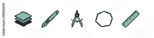 Hand drawn creative and measuring tool icons with layers stylus compass and ruler
