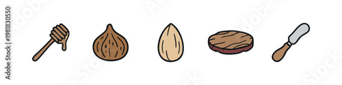 Hand drawn gourmet food icons featuring honey dipper fig almond and spreading knife