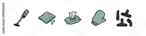 Hand drawn modern cleaning equipment icons including cordless vacuum and wet wipes