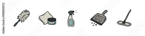 Collection of hand drawn household cleaning icons with spray bottle dustpan and mop