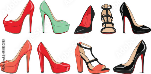 Women High Heel Shoes Collection Featuring Fashion Pumps Sandals Platform Footwear Elegant Luxury Style Icons for Retail Design