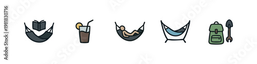 Leisure and adventure icons with hammock reading drink person resting and camping gear