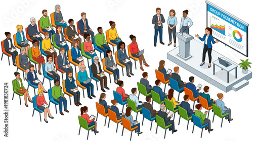 Large audience watching a business group presentation on stage