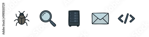 Technology and web development icons featuring bug search server mail and coding