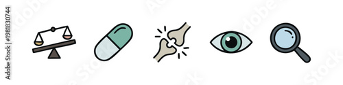 Law and healthcare icon collection with scales pill joint eye and magnifying glass