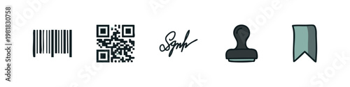 Commercial and administrative icons with barcode qr code signature stamp and ribbon
