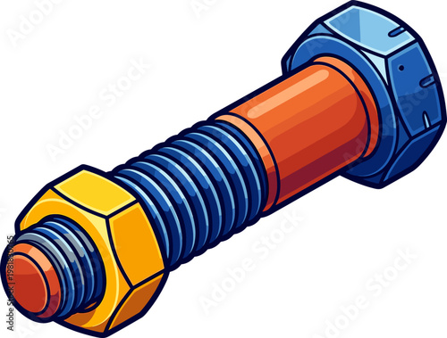 Large industrial metal bolt with hex nut fastener