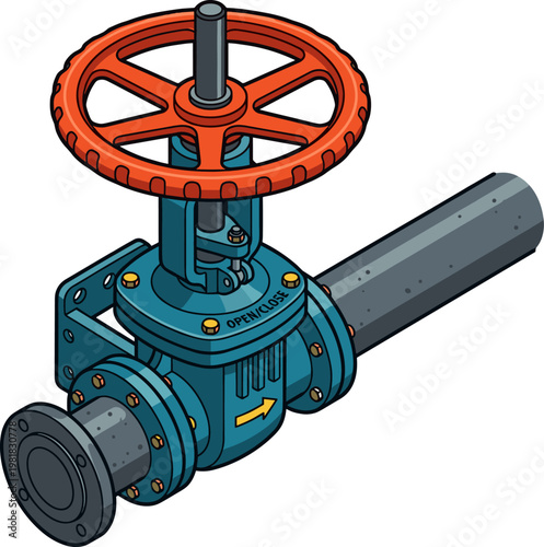 Large industrial gate valve with a red handwheel on a blue pipe