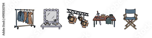 Theater and film production icons with costume rack vanity lights props and director chair
