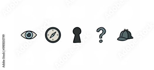 Mystery and investigation icons featuring eye compass keyhole question and detective hat