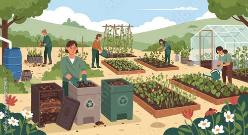 People actively engaged in sustainable gardening practices.