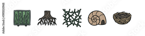 Natural Organic Textures and Botanical Structures Hand Drawn Icons
