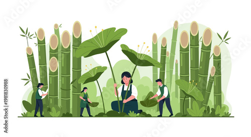 People tending to bamboo plants with large leaves.