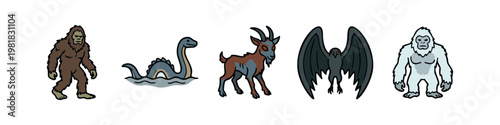 Set of Cartoon Cryptid Monsters Featuring Bigfoot Nessie Chupacabra Mothman and Yeti