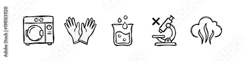 Hand-Drawn Sketch Icons of Washing Machine Rubber Gloves Chemistry Beaker Microscope and Steam