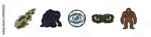 Conspiracy and Mystery Icons with Muddy Footprints Shadow Monster All-Seeing Eye and Sasquatch