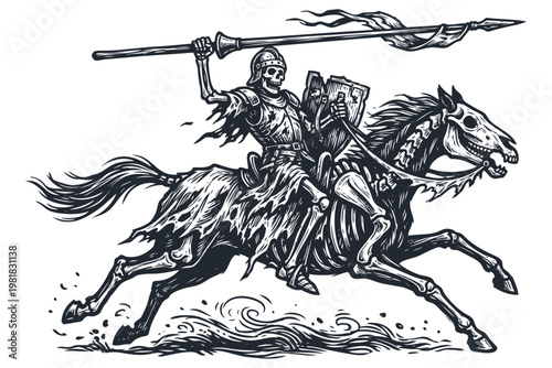 Vintage monochrome vector illustration of undead knight in armor riding skeletal horse with spear, dark fantasy medieval warrior for horror poster or tattoo