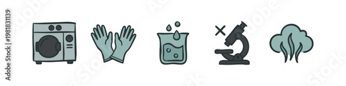 Colored Vector Icons Set Featuring Washing Machine Protective Gloves Chemistry Beaker and Microscope