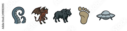 Paranormal Icon Collection with Kraken Tentacle Jersey Devil Shadow Beast Bigfoot Footprint and UFO